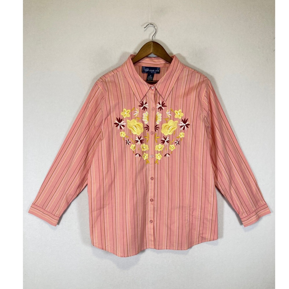 Cottagecore Susan Graver Womens 2X Pink Striped Floral Embroidered Button Shirt